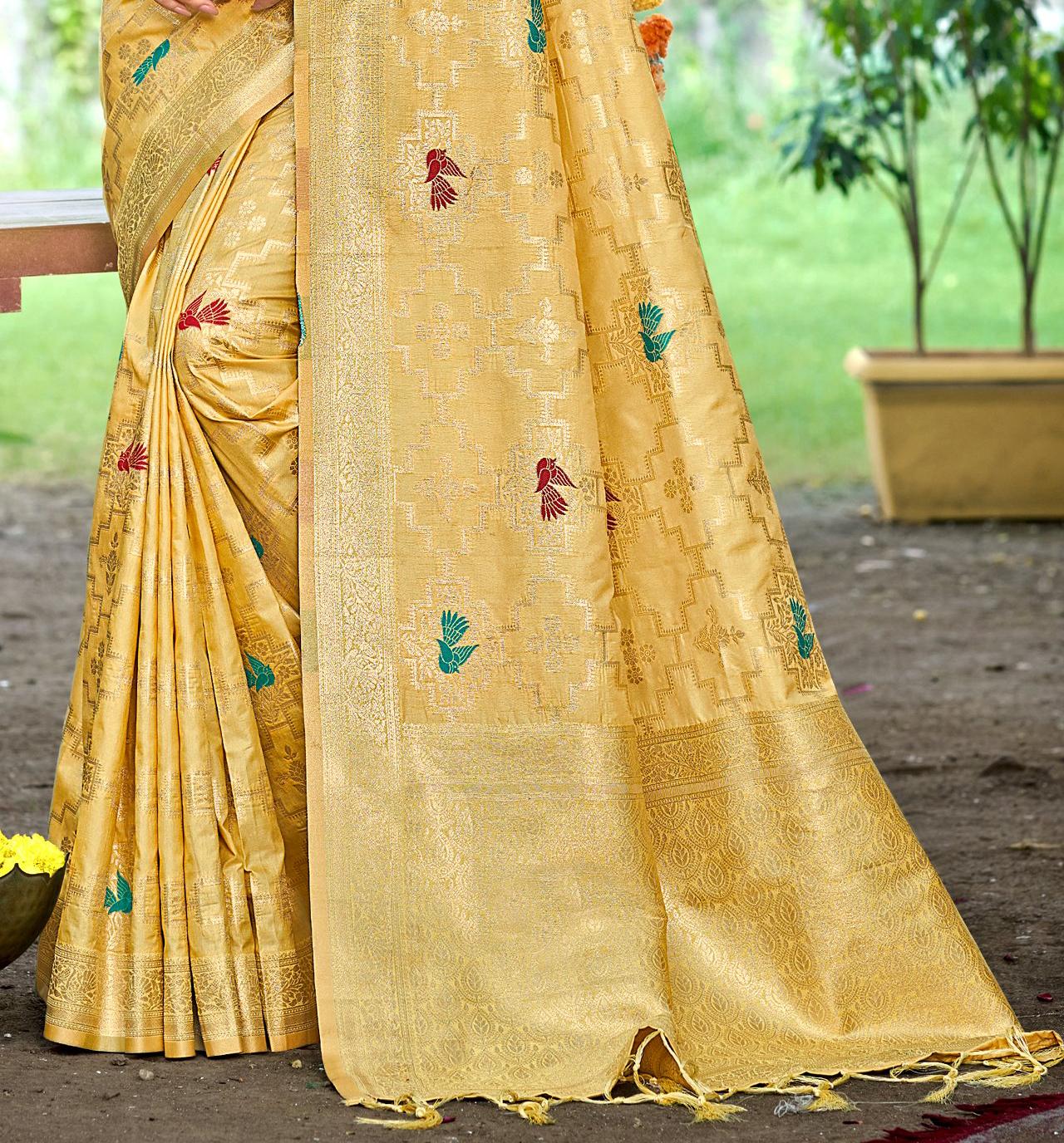 Sangam Prints Mustard Heavy Assam Silk Saree With Meena Woven Work Traditional Saree
