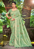 Sangam Prints Sea Green Heavy Assam Silk Saree With Meena Woven Work Traditional Saree