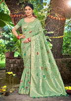 Sangam Prints Sea Green Heavy Assam Silk Saree With Meena Woven Work Traditional Saree