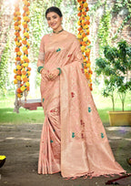 Sangam Prints Peach Heavy Assam Silk Saree With Meena Woven Work Traditional Saree