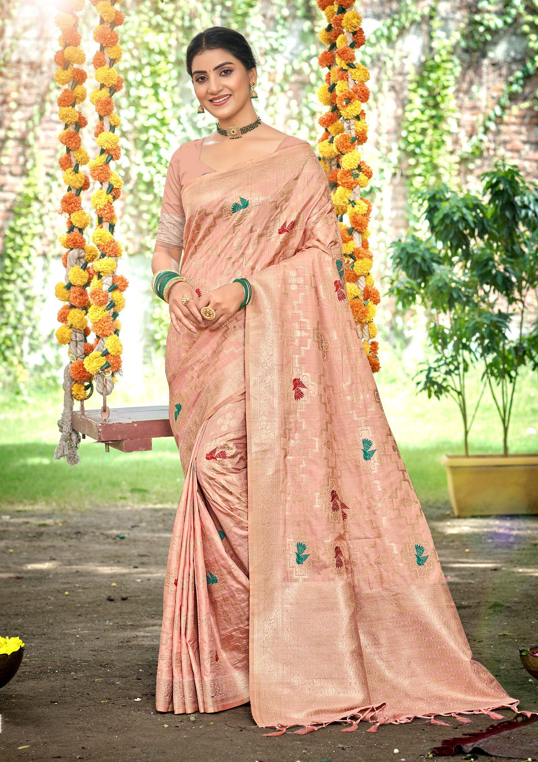Sangam Prints Peach Heavy Assam Silk Saree With Meena Woven Work Traditional Saree