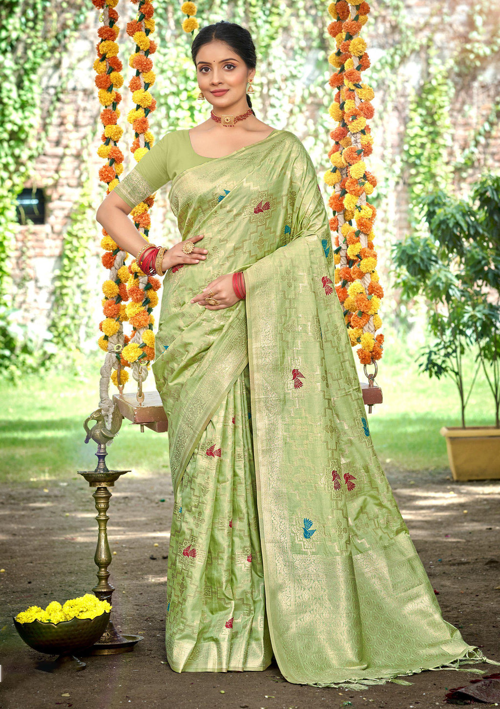Sangam Prints Lite Green Heavy Assam Silk Saree With Meena Woven Work Traditional Saree