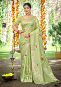 Sangam Prints Lite Green Heavy Assam Silk Saree With Meena Woven Work Traditional Saree