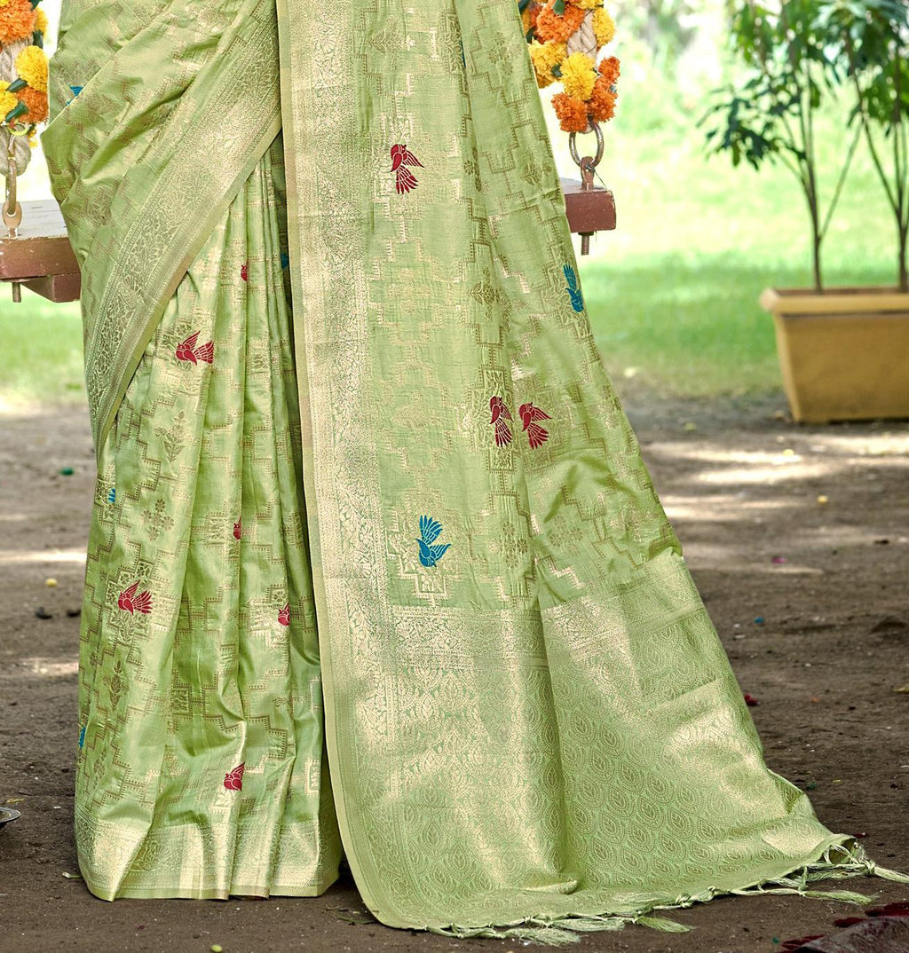 Sangam Prints Lite Green Heavy Assam Silk Saree With Meena Woven Work Traditional Saree