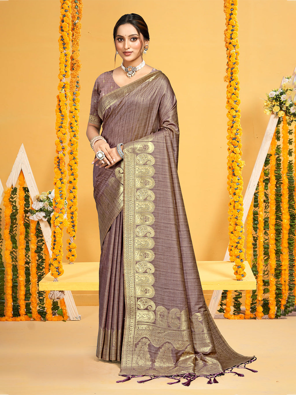 Sangam Prints Brown  Assam Silk Woven Work Traditional Saree