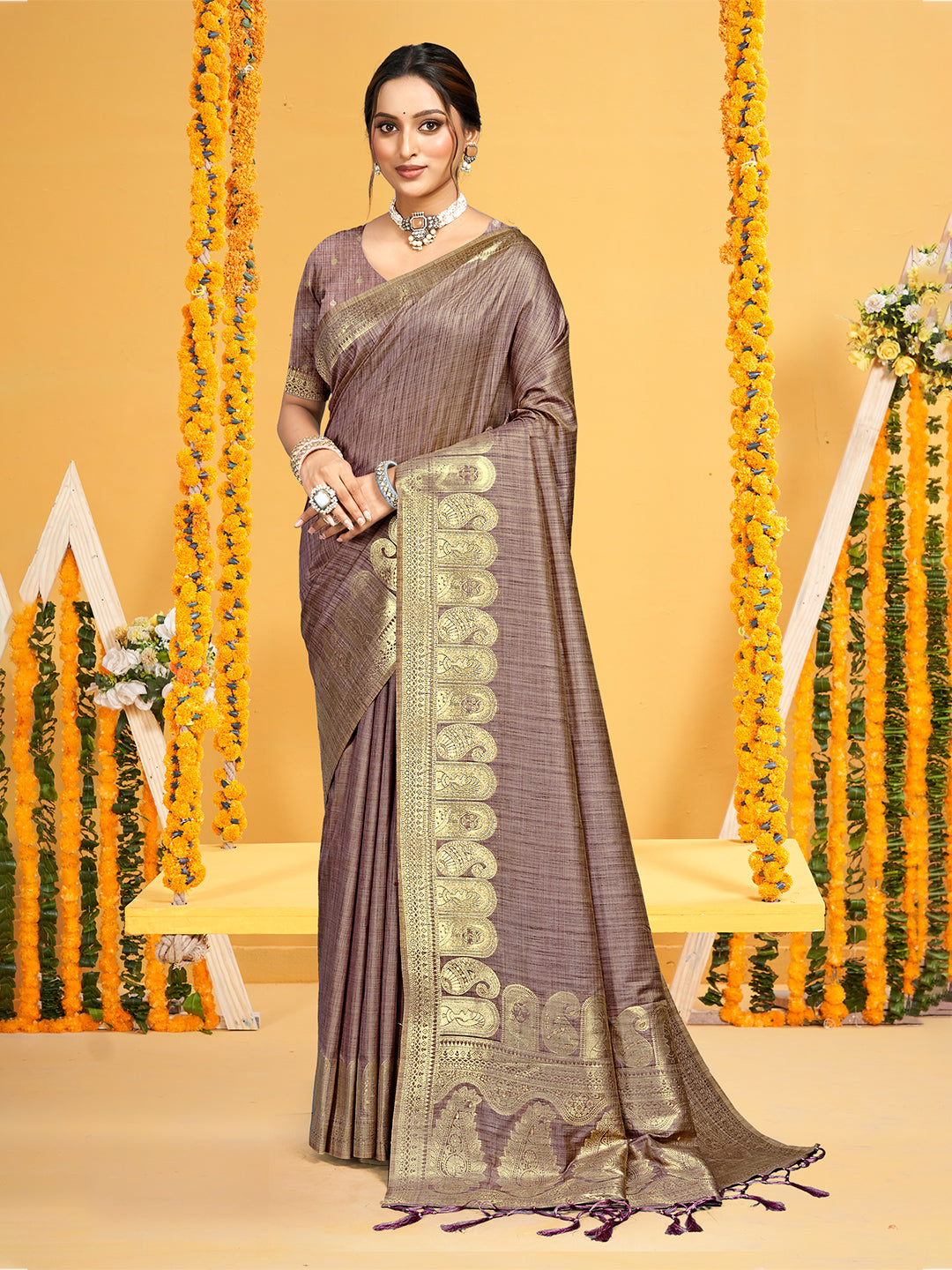 Sangam Prints Brown  Assam Silk Woven Work Traditional Saree