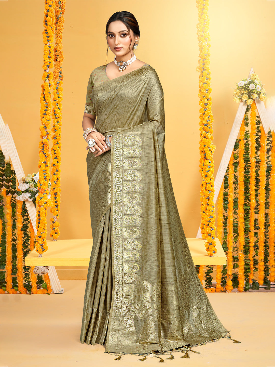 Sangam Prints Beige Assam Silk Woven Work Traditional Saree
