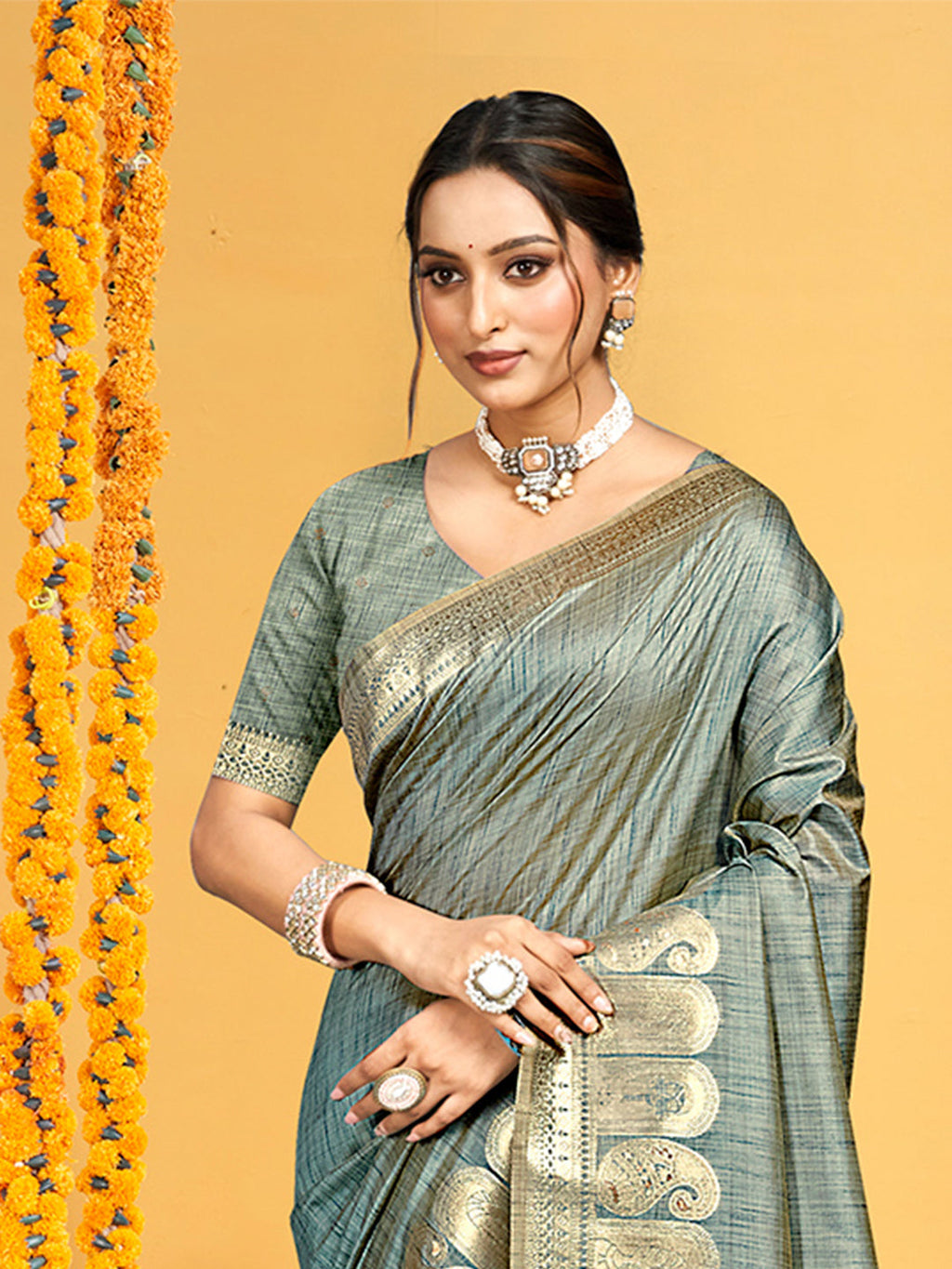 Sangam Prints Teal Assam Silk Woven Work Traditional Saree