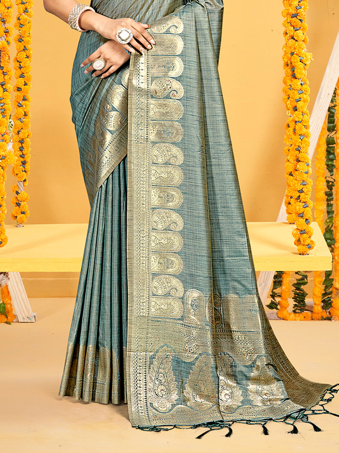 Sangam Prints Teal Assam Silk Woven Work Traditional Saree