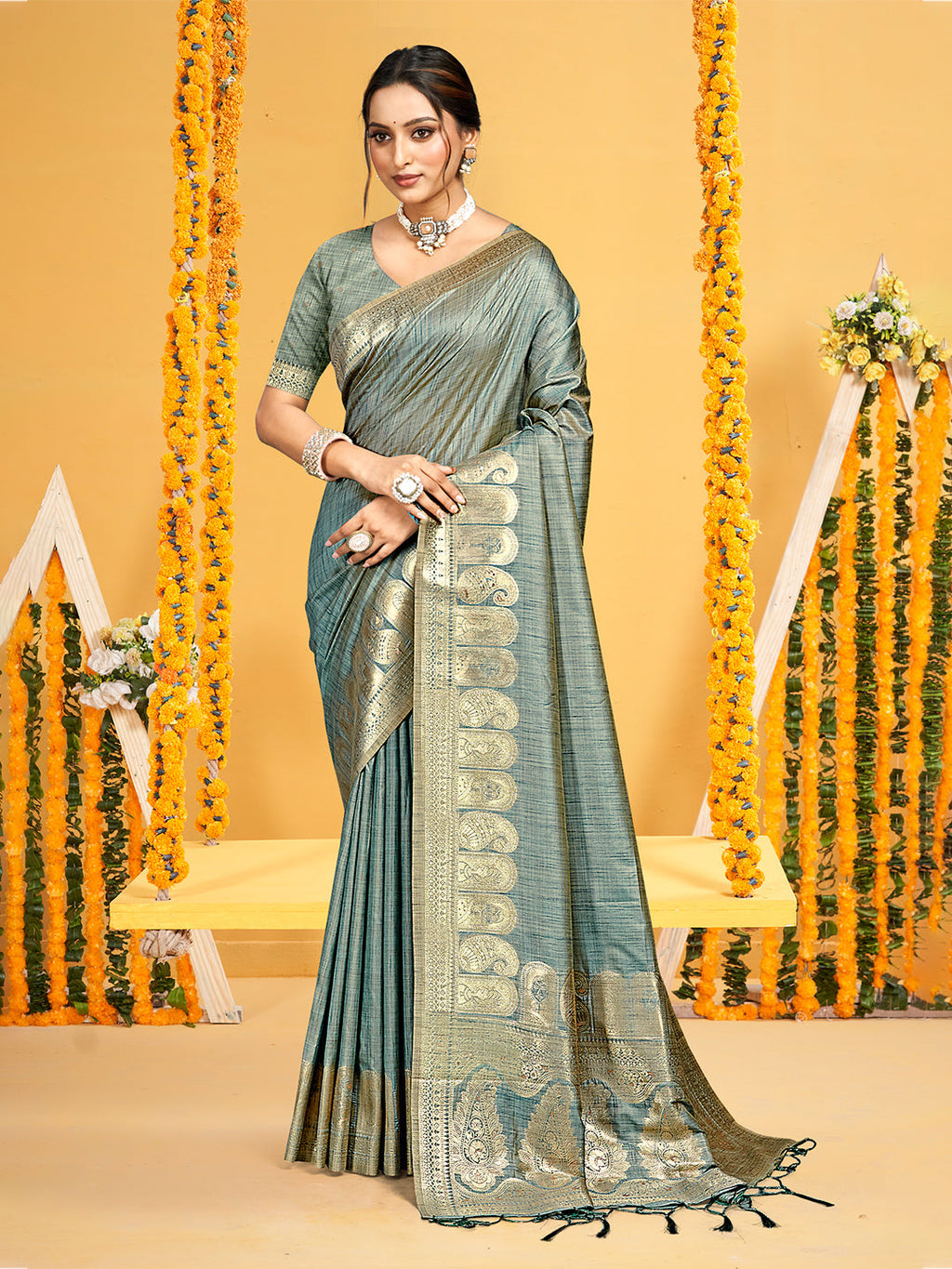 Sangam Prints Teal Assam Silk Woven Work Traditional Saree