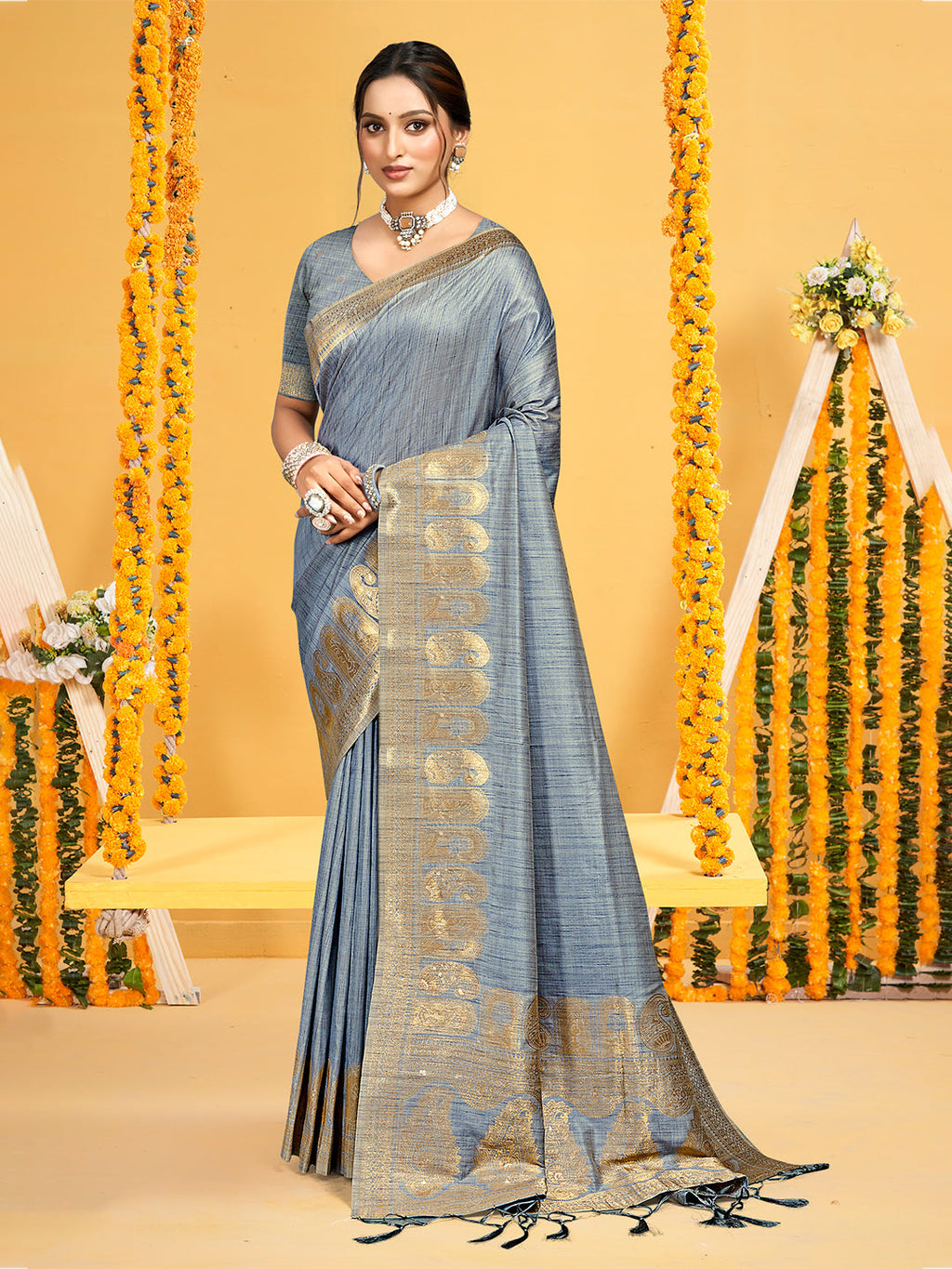 Sangam Prints Grey Assam Silk Woven Work Traditional Saree