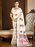 Sangam Prints Crem Linen Woven Work Traditional Saree - Distacart