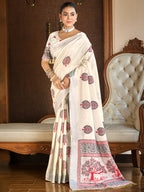 Sangam Prints Crem Linen Woven Work Traditional Saree - Distacart