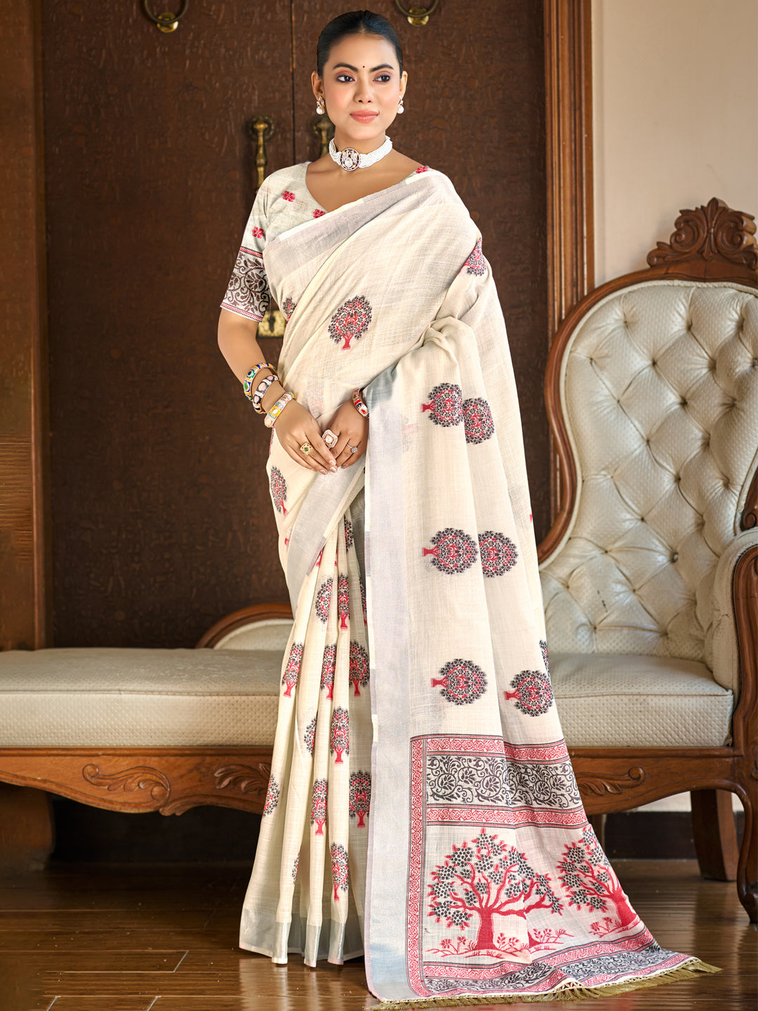 Sangam Prints Crem Linen Woven Work Traditional Saree - Distacart