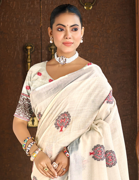 Sangam Prints Crem Linen Woven Work Traditional Saree - Distacart