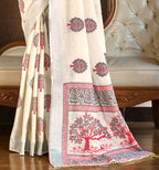 Sangam Prints Crem Linen Woven Work Traditional Saree - Distacart