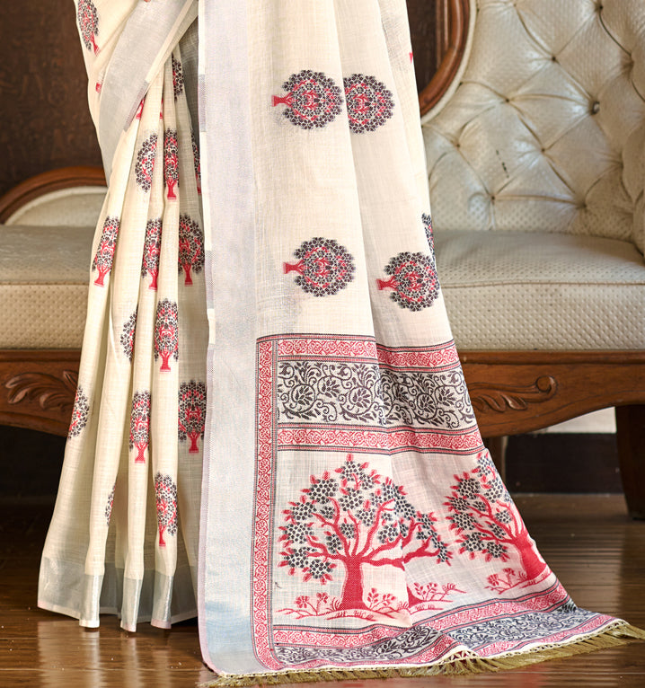 Sangam Prints Crem Linen Woven Work Traditional Saree - Distacart