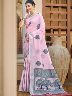 Sangam Prints Pink Linen Woven Work Traditional Saree - Distacart