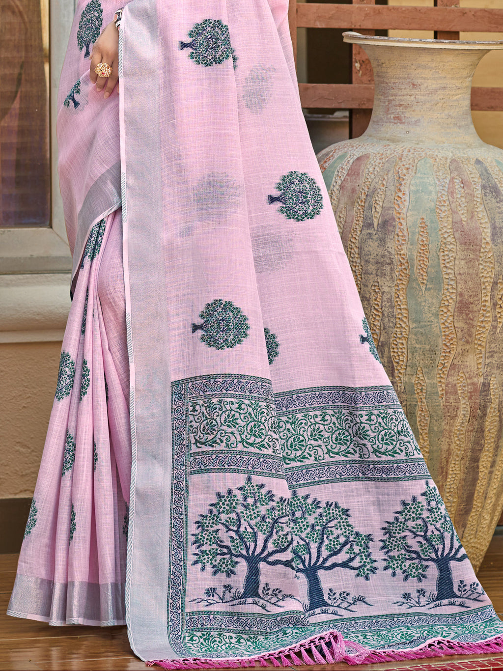 Sangam Prints Pink Linen Woven Work Traditional Saree - Distacart