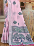 Sangam Prints Pink Linen Woven Work Traditional Saree - Distacart