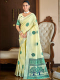 Sangam Prints Yellow Linen Woven Work Traditional Saree - Distacart
