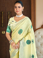 Sangam Prints Yellow Linen Woven Work Traditional Saree - Distacart