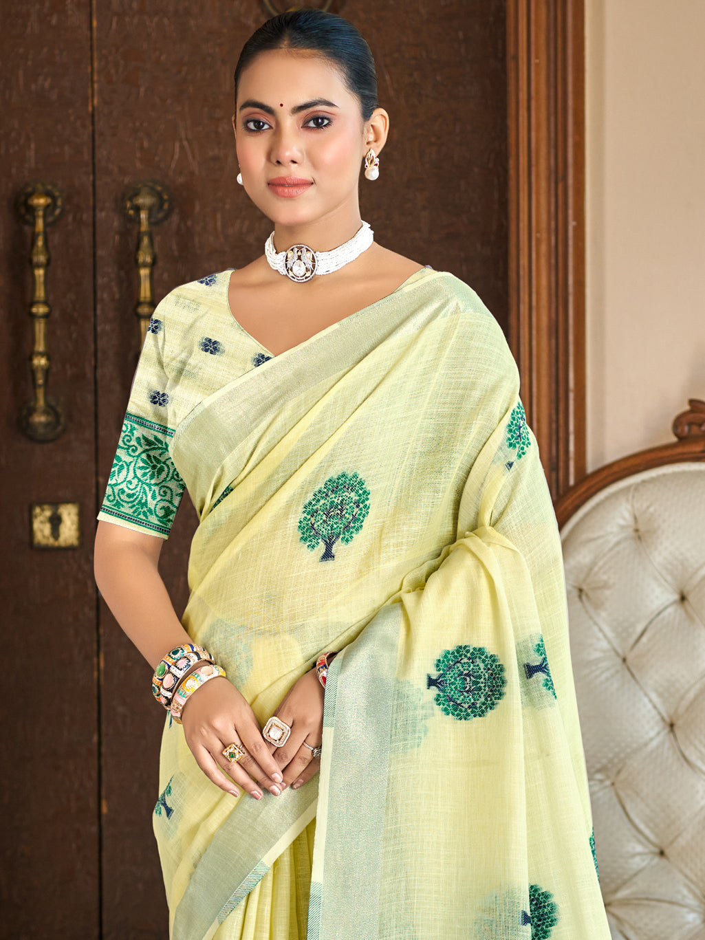Sangam Prints Yellow Linen Woven Work Traditional Saree - Distacart