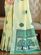 Sangam Prints Yellow Linen Woven Work Traditional Saree - Distacart