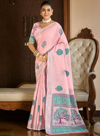 Sangam Prints Dark Pink Linen Woven Work Traditional Saree - Distacart