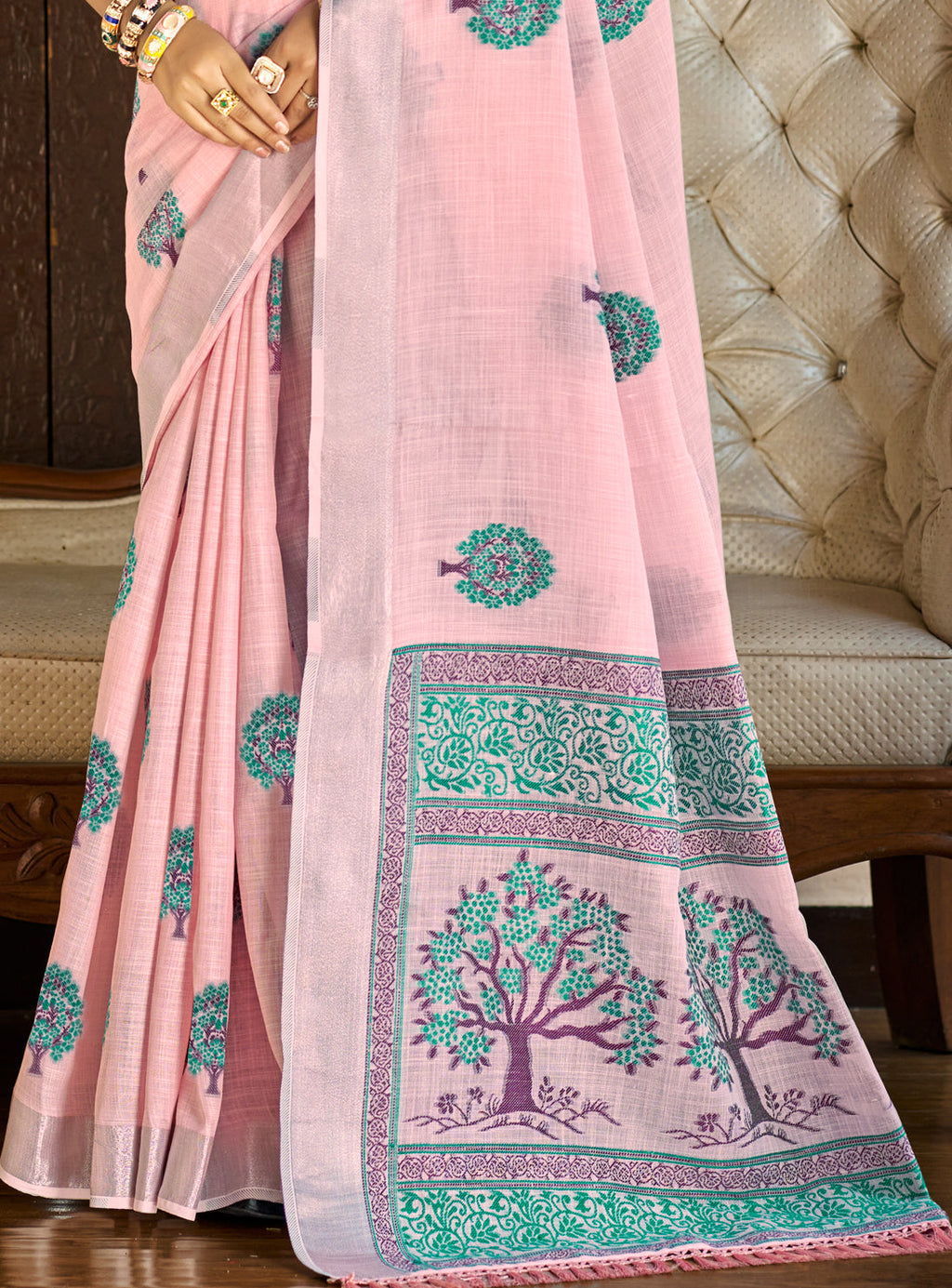 Sangam Prints Dark Pink Linen Woven Work Traditional Saree - Distacart