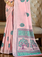 Sangam Prints Dark Pink Linen Woven Work Traditional Saree - Distacart