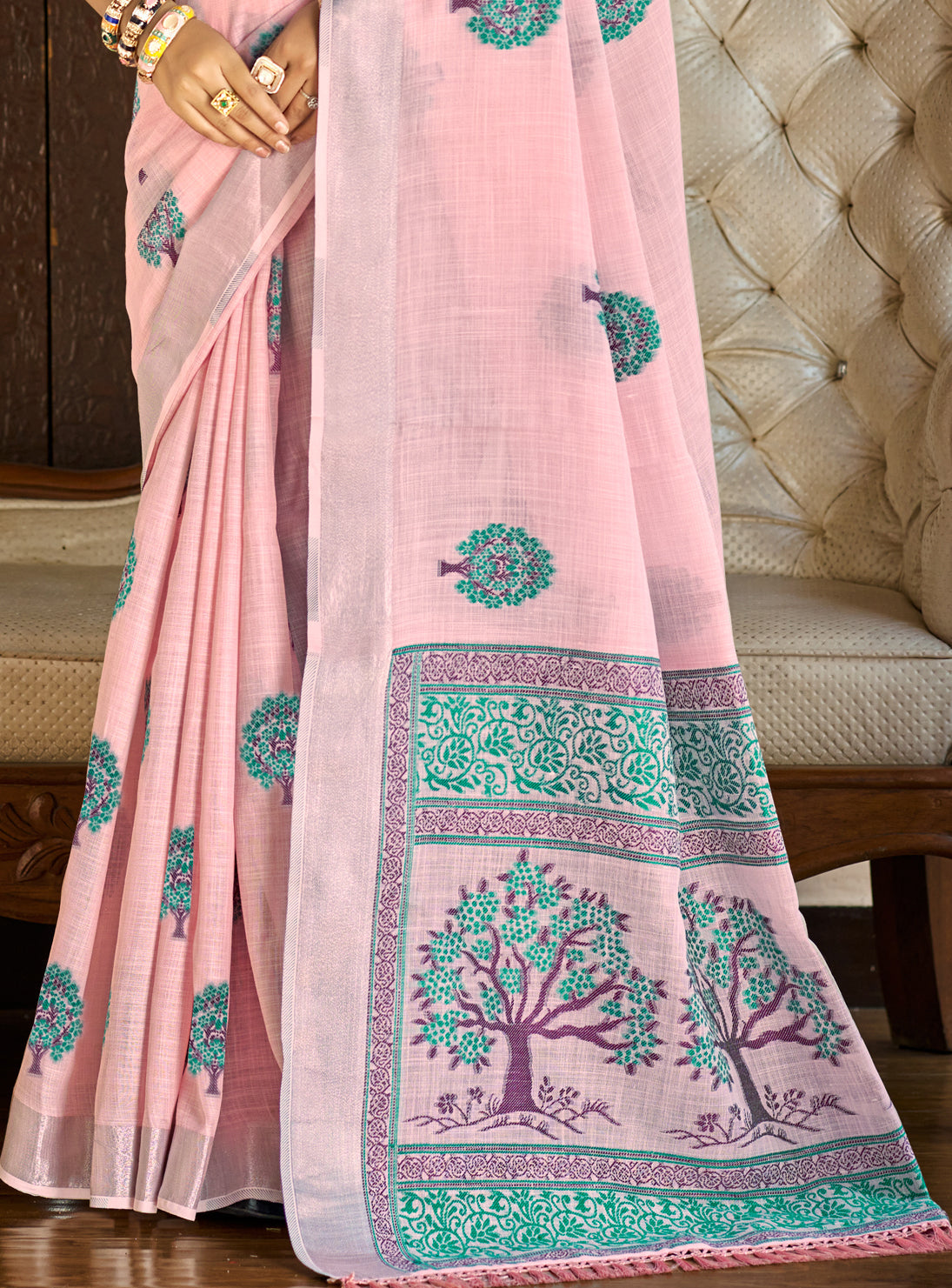 Sangam Prints Dark Pink Linen Woven Work Traditional Saree - Distacart