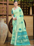 Sangam Prints Green Linen Woven Work Traditional Saree - Distacart