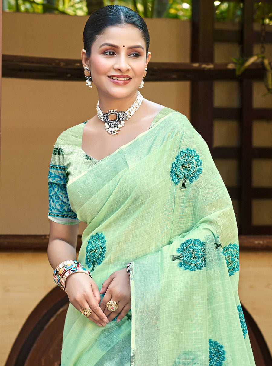 Sangam Prints Green Linen Woven Work Traditional Saree - Distacart