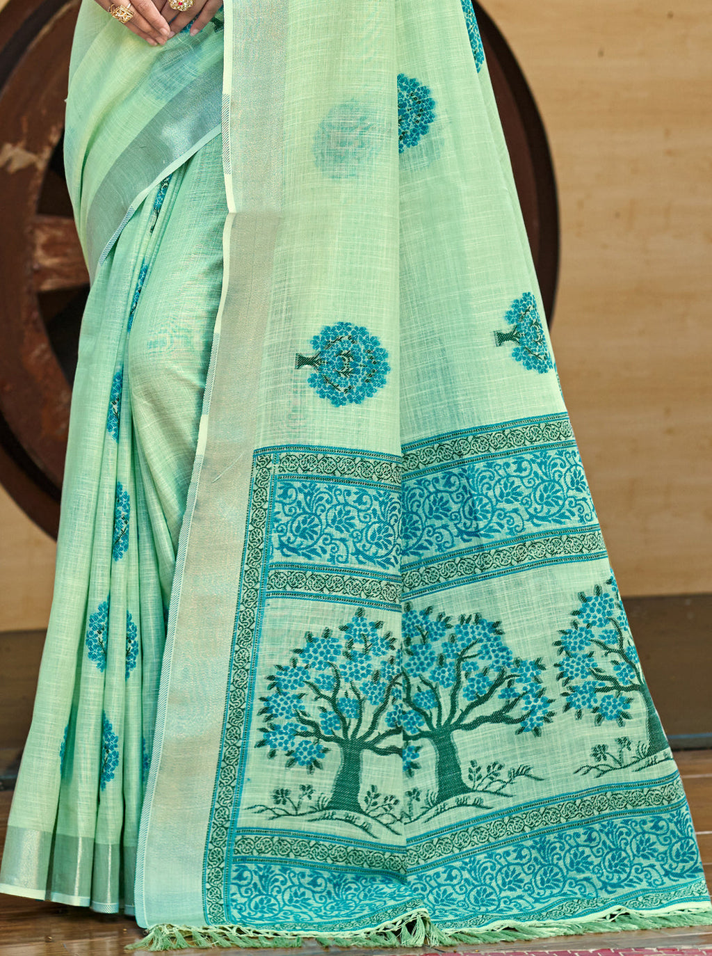 Sangam Prints Green Linen Woven Work Traditional Saree - Distacart