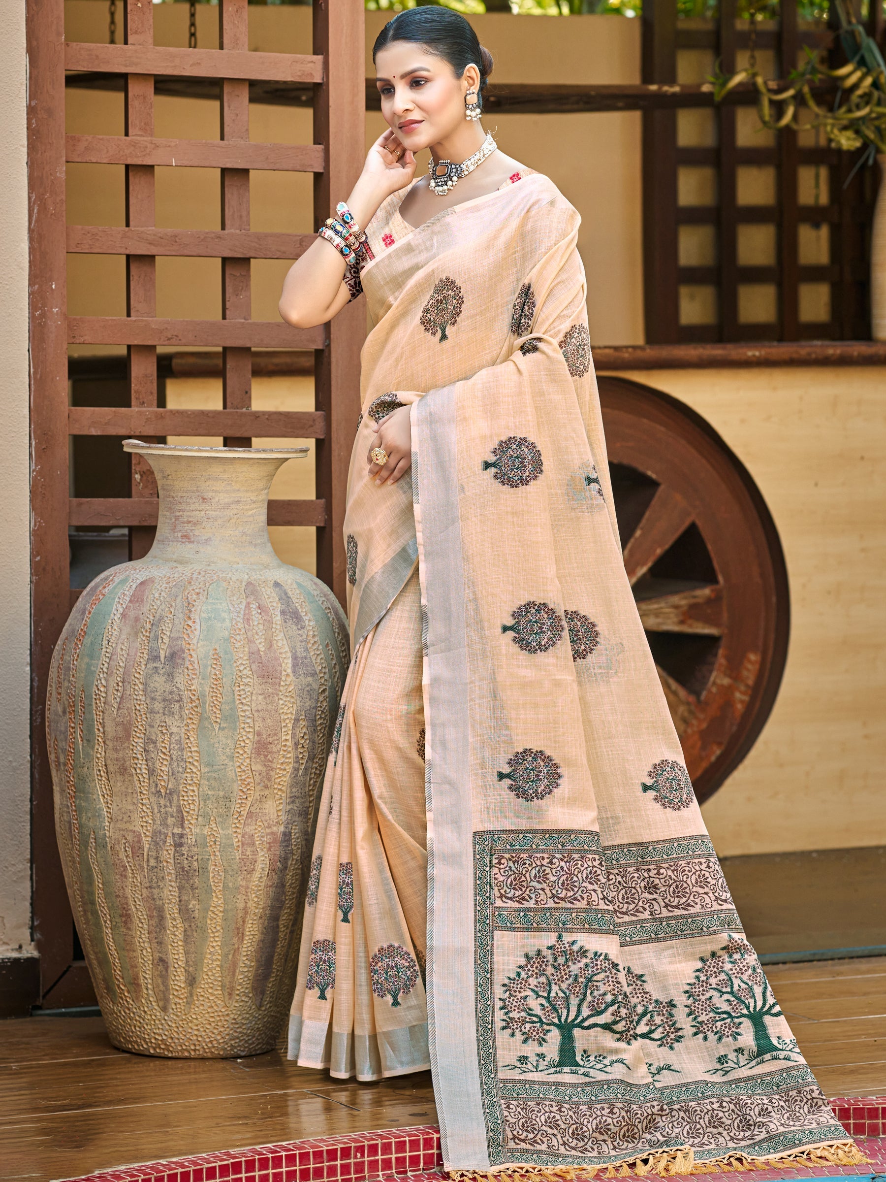 Sangam Prints Peach Linen Woven Work Traditional Saree - Distacart
