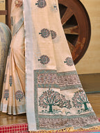 Sangam Prints Peach Linen Woven Work Traditional Saree - Distacart