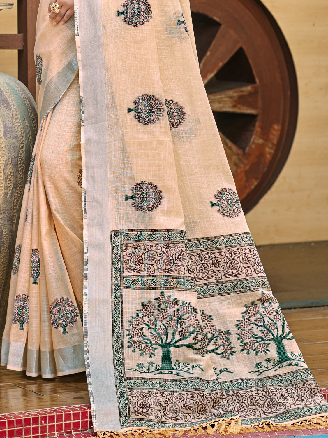 Sangam Prints Peach Linen Woven Work Traditional Saree - Distacart