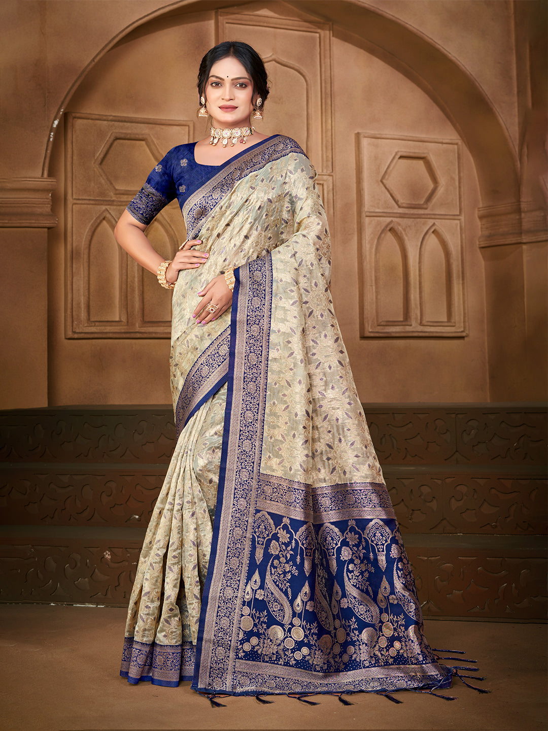 Sangam Prints Off-White Silk Woven Work Traditional Saree - Distacart