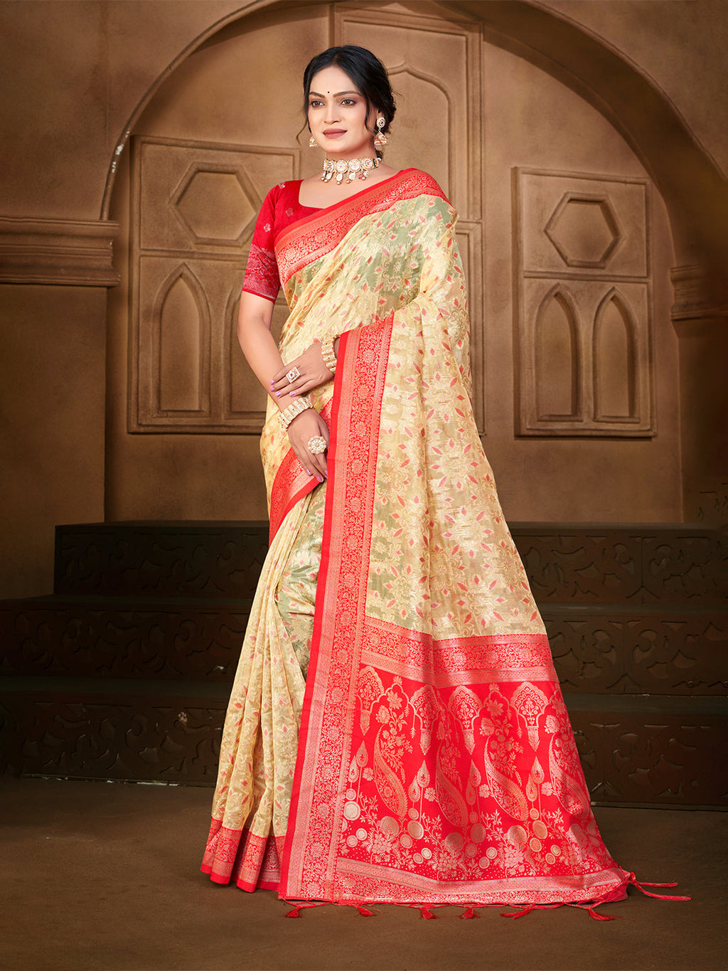 Sangam Prints Cream Silk Woven Work Traditional Saree - Distacart