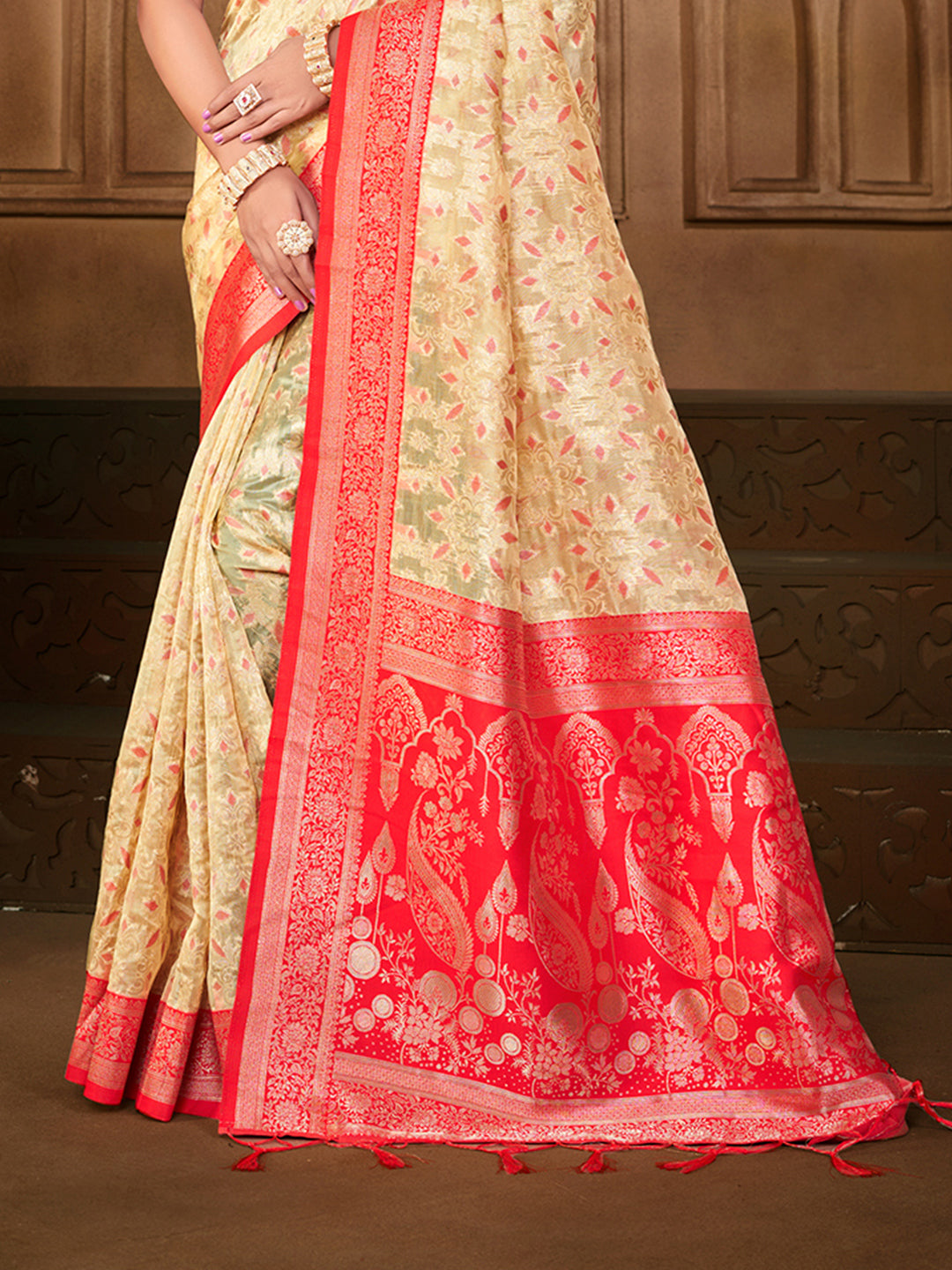 Sangam Prints Cream Silk Woven Work Traditional Saree - Distacart
