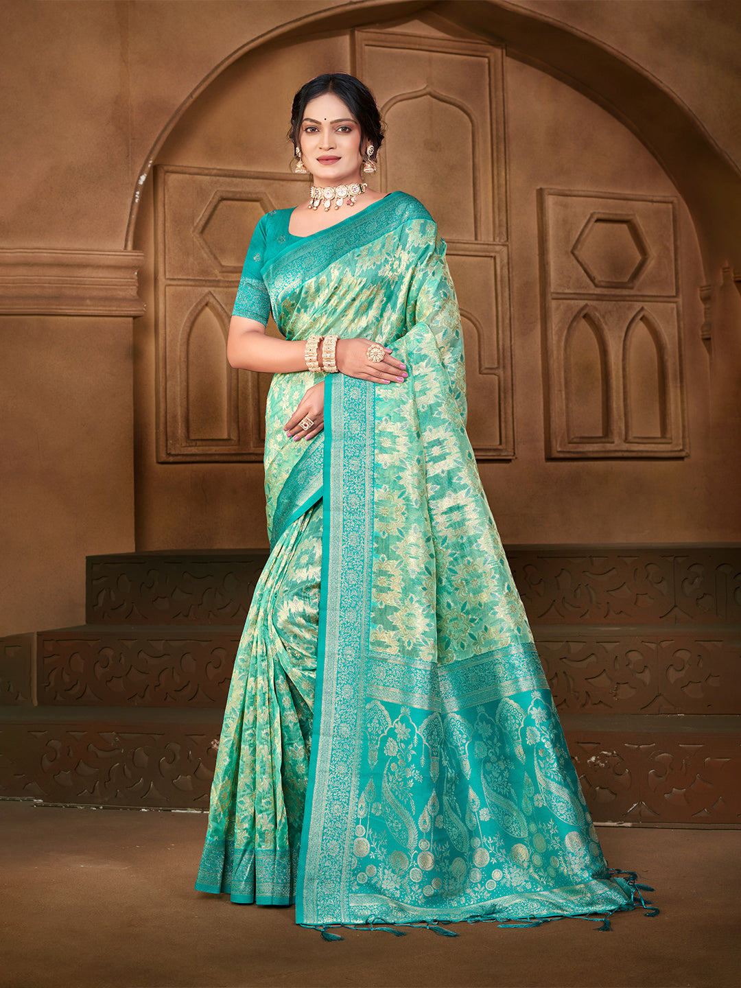 Sangam Prints  Sea Green Silk Woven Work Traditional Saree - Distacart