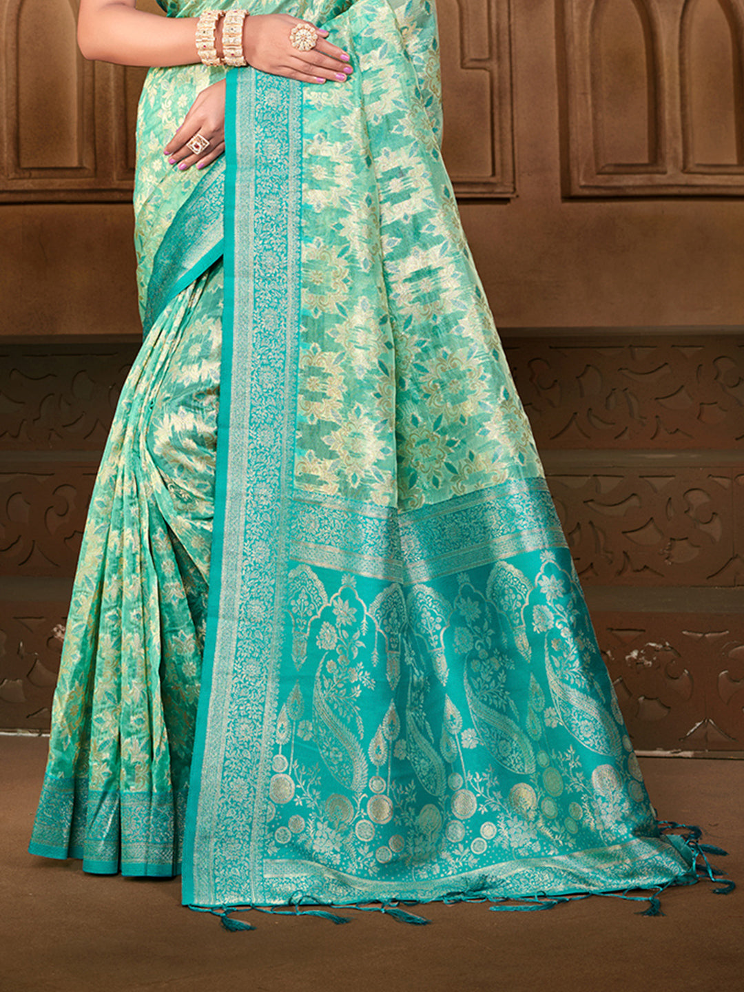 Sangam Prints  Sea Green Silk Woven Work Traditional Saree - Distacart