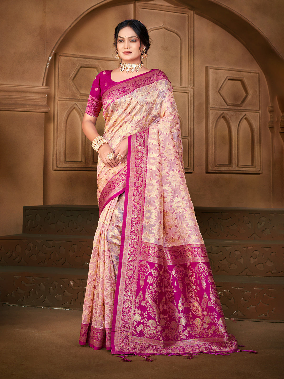 Sangam Prints Peach  Silk Woven Work Traditional Saree - Distacart