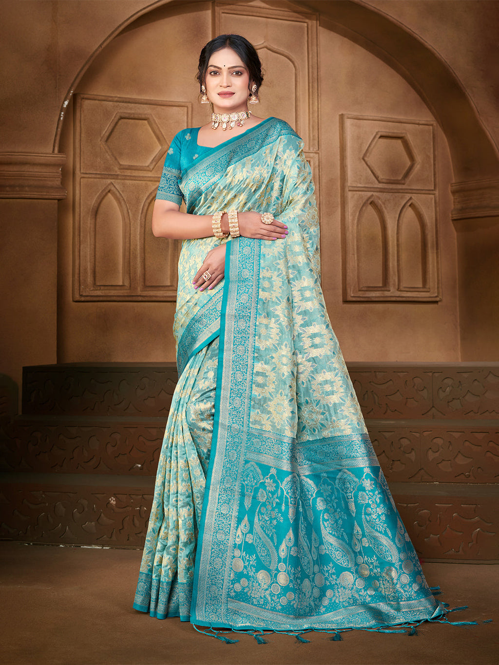 Sangam Prints Light Blue Silk Woven Work Traditional Saree - Distacart