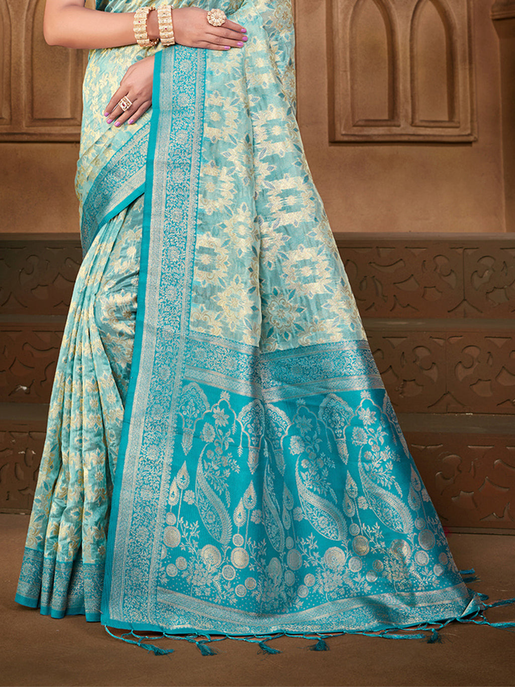 Sangam Prints Light Blue Silk Woven Work Traditional Saree - Distacart