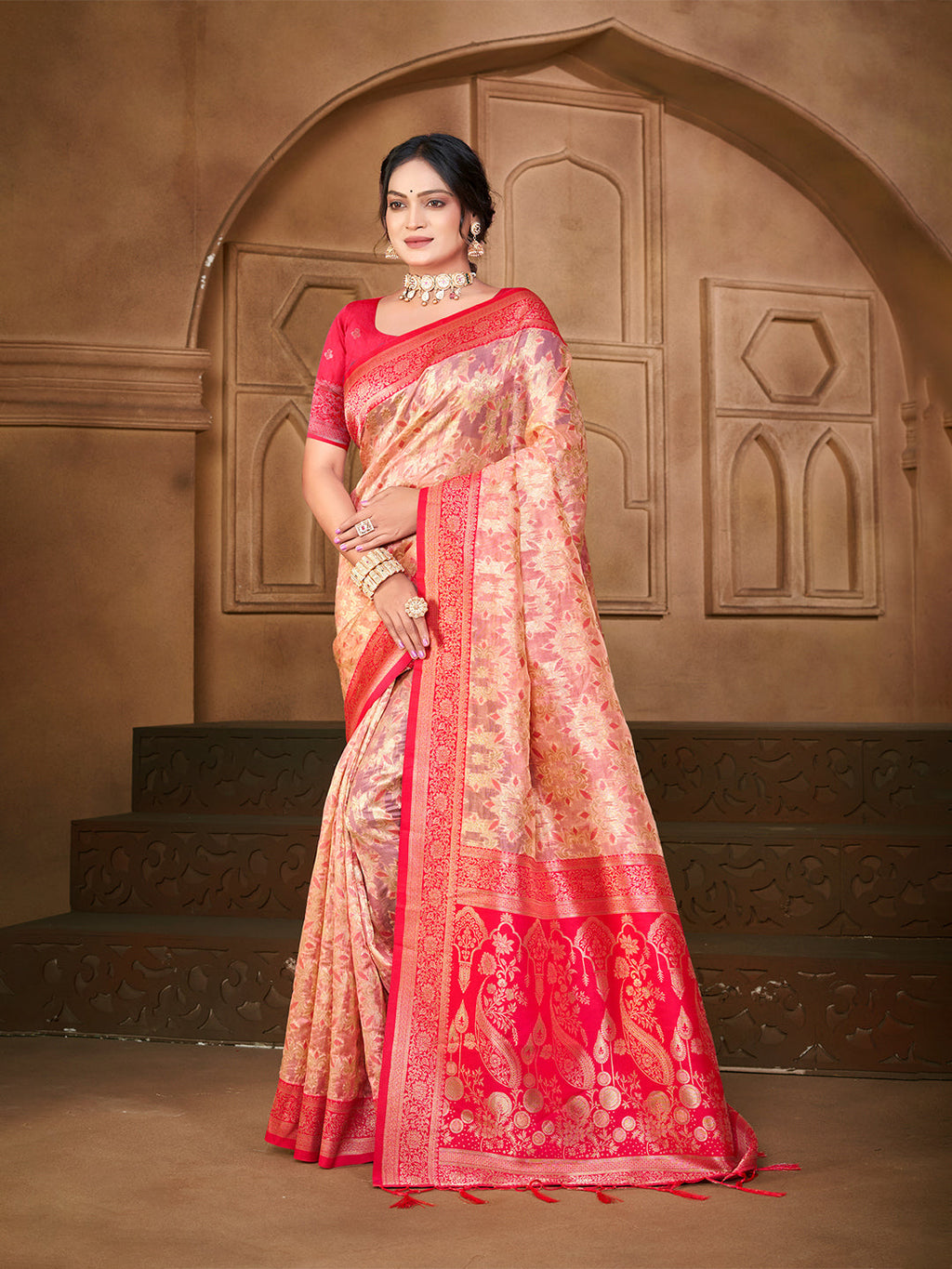 Sangam Prints Light Pink Silk Woven Work Traditional Saree - Distacart