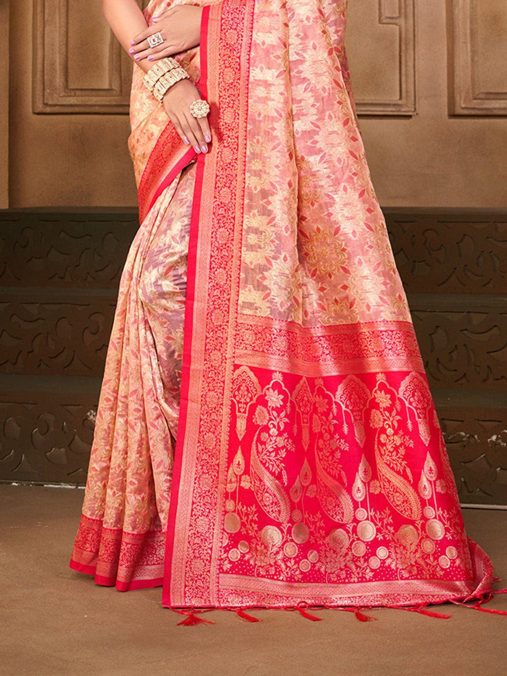 Sangam Prints Light Pink Silk Woven Work Traditional Saree - Distacart