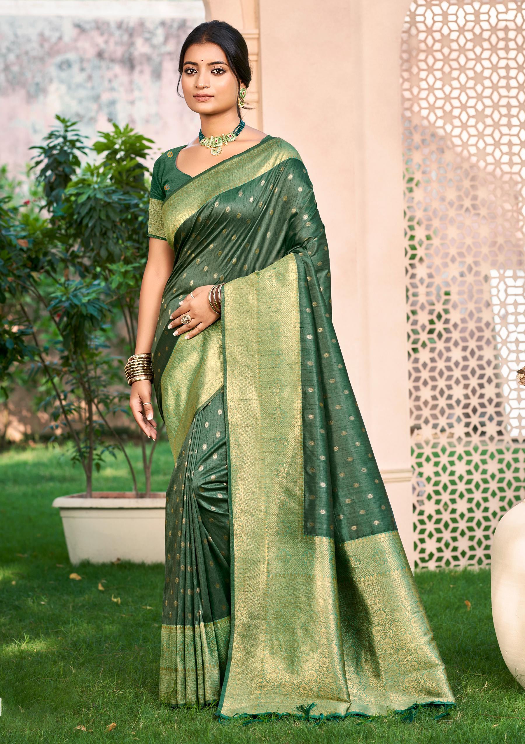 Sangam Prints Dark green Assam Silk Woven Work Traditional Saree - Distacart
