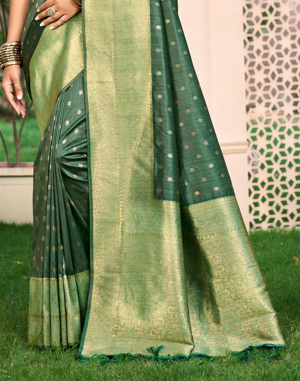 Sangam Prints Dark green Assam Silk Woven Work Traditional Saree - Distacart